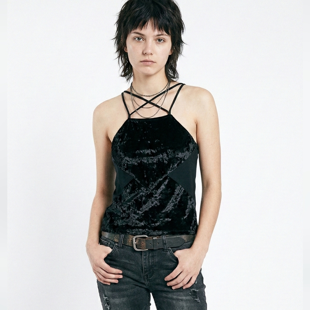 Tobi Black Velvet Sheer Tank Top Y2K Goth Boho Fairy Club Party S